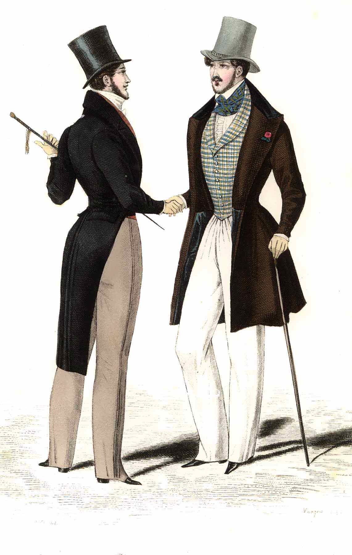 Sahib fashions in India, adopted from England despite the heat. 1834 styles.